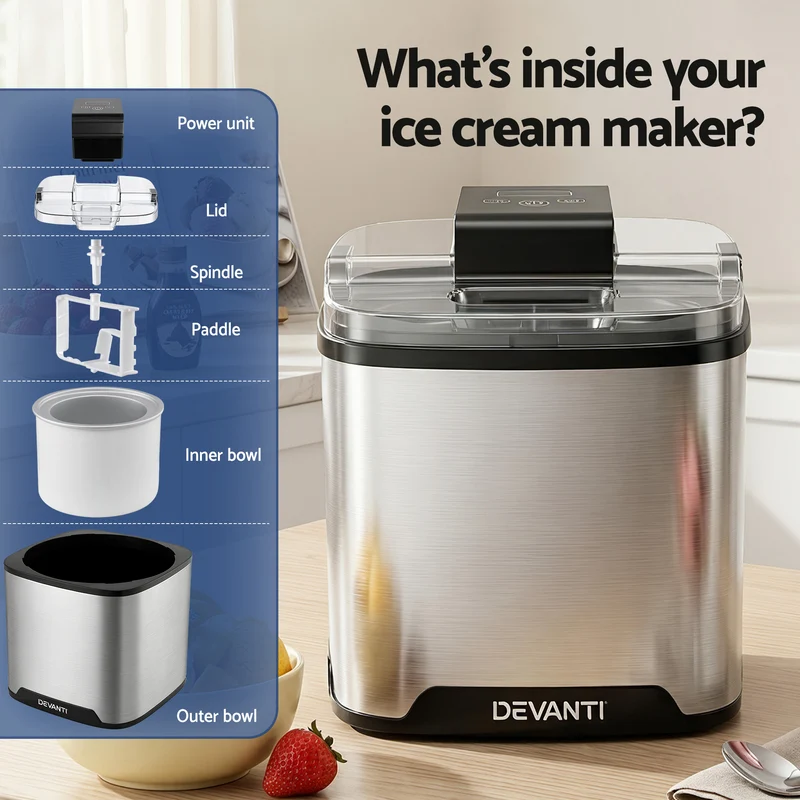 Devanti Ice Cream Maker Machine 2L Homemade Gelato Sorbet Sliver