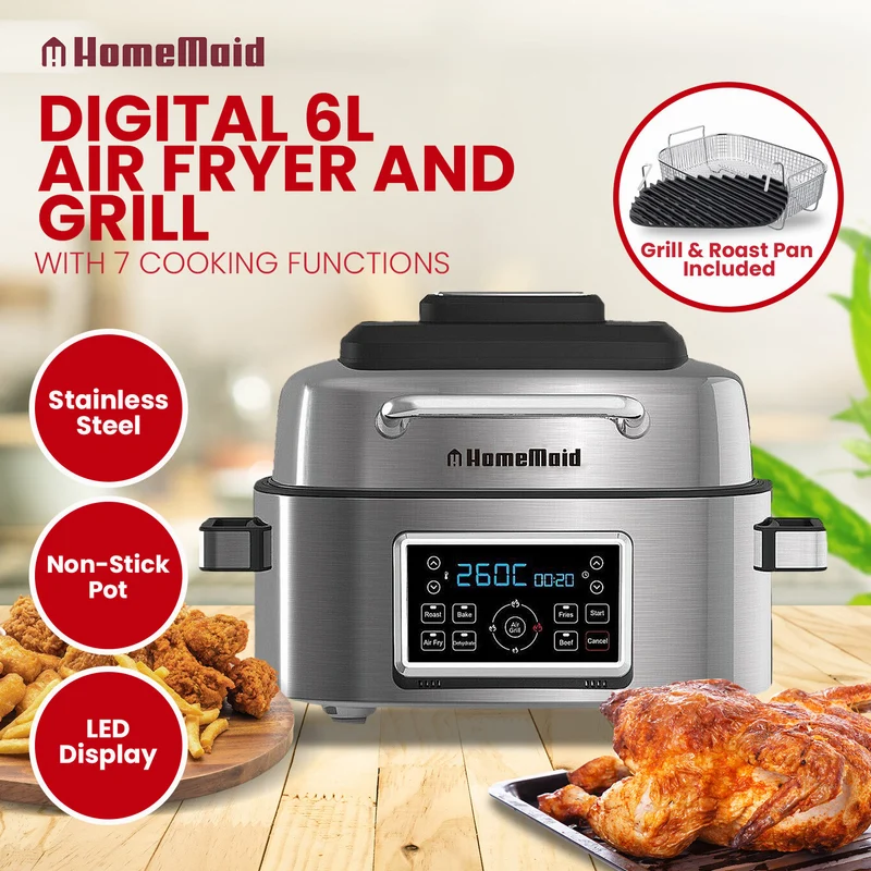 Homemaid Digital 6L Air Fryer and Grill Housing LED Display (Stainless Steel)