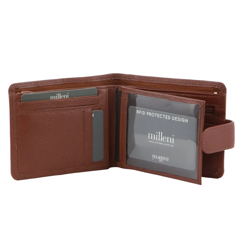 Milleni Men's Leather Tab Cash/Card RFID Protected Wallet 12cm Tan