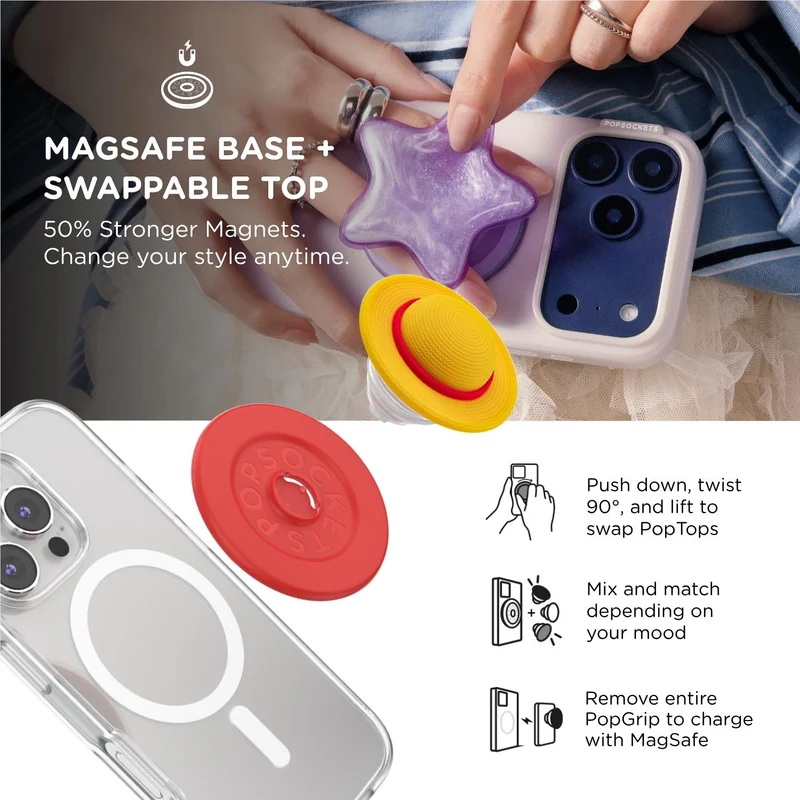 One Piece X PopSockets - PopGrip MagSafe Phone Grip/Stand with Swappable Top (Luffy's Hat)