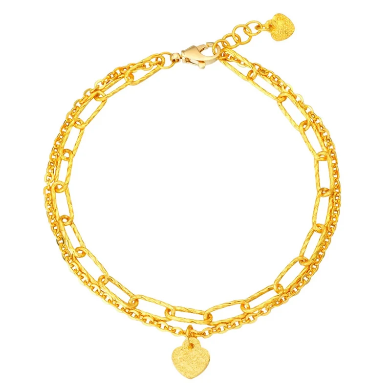 Bracelet à Maillons en Perles et Trombones avec Breloque de Coeur en Or Jaune 24 Carats