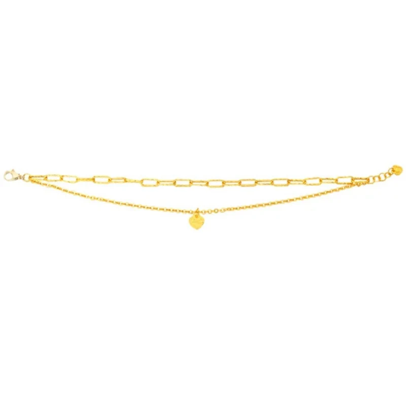 Bracelet à Maillons en Perles et Trombones avec Breloque de Coeur en Or Jaune 24 Carats