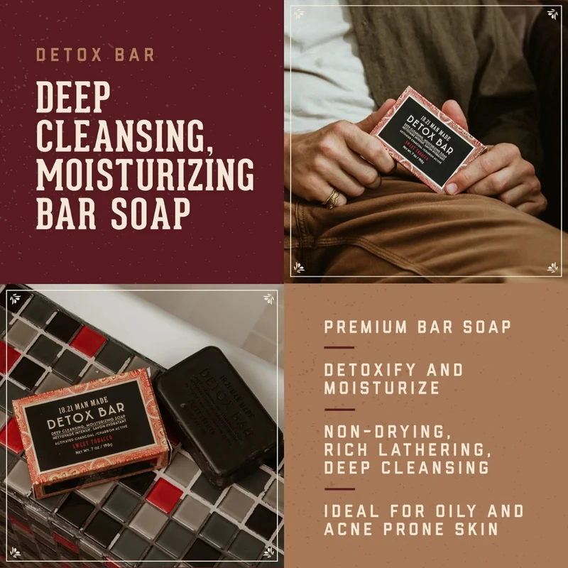 18.21 Man Made - Savon en bar "Sweet Tobacco Detox Bar Activated Charcoal" nettoyant intensif, savon hydratant (198g/7.0oz)