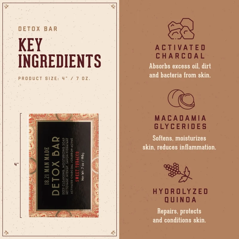 18.21 Man Made - Savon en bar "Sweet Tobacco Detox Bar Activated Charcoal" nettoyant intensif, savon hydratant (198g/7.0oz)