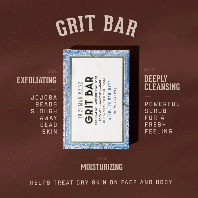 18.21 Man Made - Savon en bar "Absolute Mahogany Grit Bar Perles de Jojoba" savon exfoliant et hydratant (198g/7.0oz)