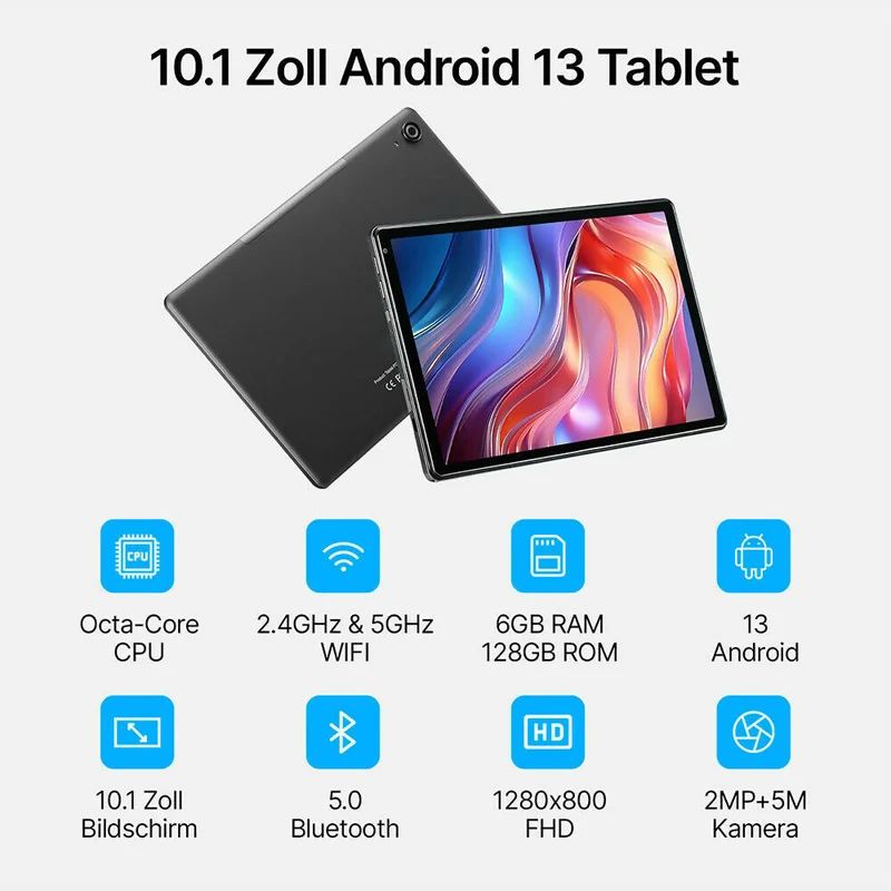 Performance Tablet mit leistungsstarkem Prozessor | Leistungsstarker Octa-Core 2.0GHz, 6GB RAM, 128GB Speicher (bis zu 1TB TF erweiterbar) | Dualband-WiFi 2.4G/5G, Bluetooth 5.0 | Android 13 mit Dual-Kameras in Grau