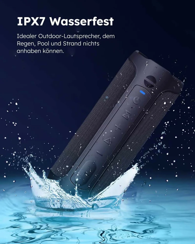 Bluetooth Lautsprecher Pro / Kraftvoller Stereo Sound / IPX7 Wasserdicht / Freisprechfunktion / Optionales LED Licht / 20h Akkulaufzeit