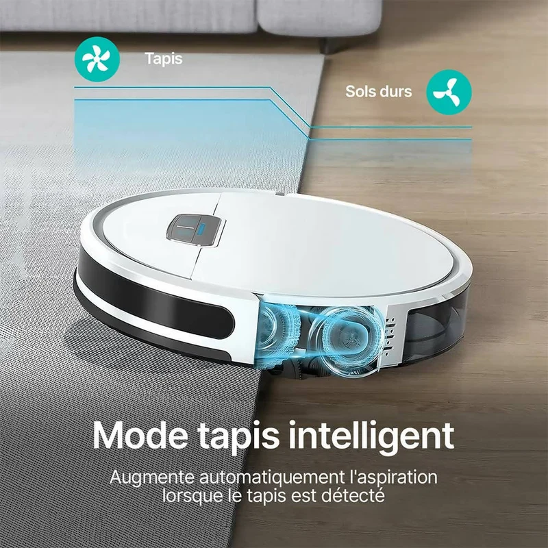 Robot Aspirateur Silencieux / Puissance d'aspiration 4000Pa / Itinéraires intelligents / Autonomie 150 min / Détection des tapis / Compatible Alexa, Google, Applis