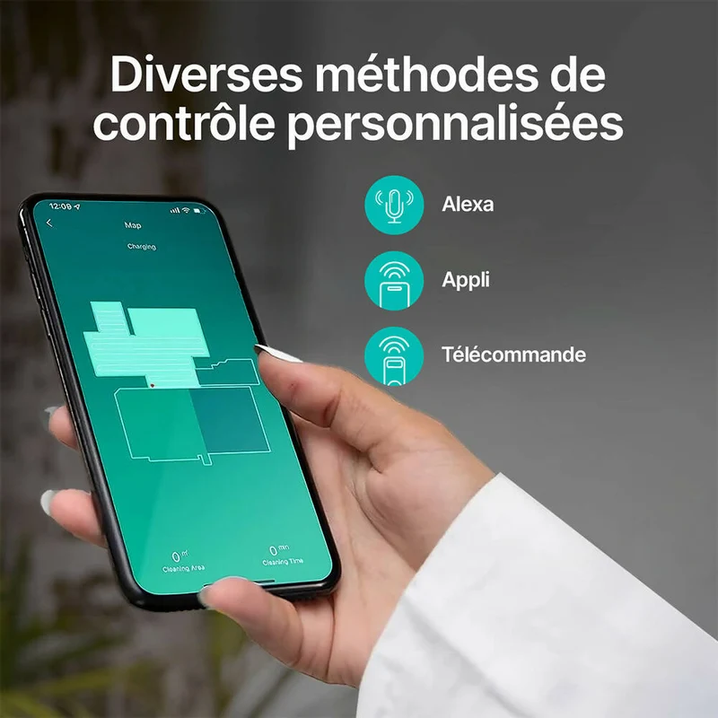 Robot Aspirateur Silencieux / Puissance d'aspiration 4000Pa / Itinéraires intelligents / Autonomie 150 min / Détection des tapis / Compatible Alexa, Google, Applis