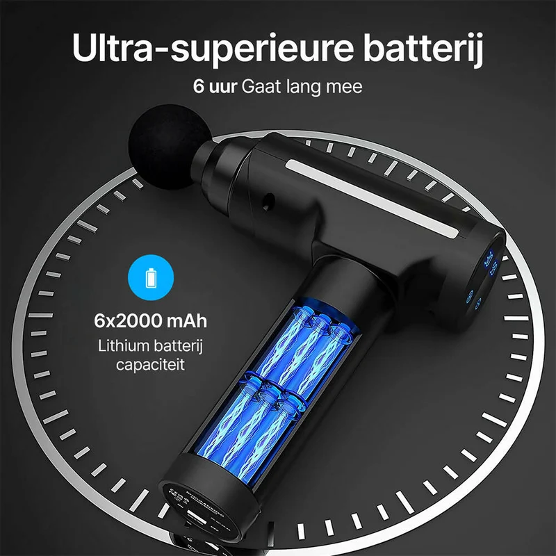 Spiermassagepistool met 30 snelheden / Maximaal 3200 omwentelingen per minuut / 6 massagekoppen / voor diepe weefsels en spiermassage