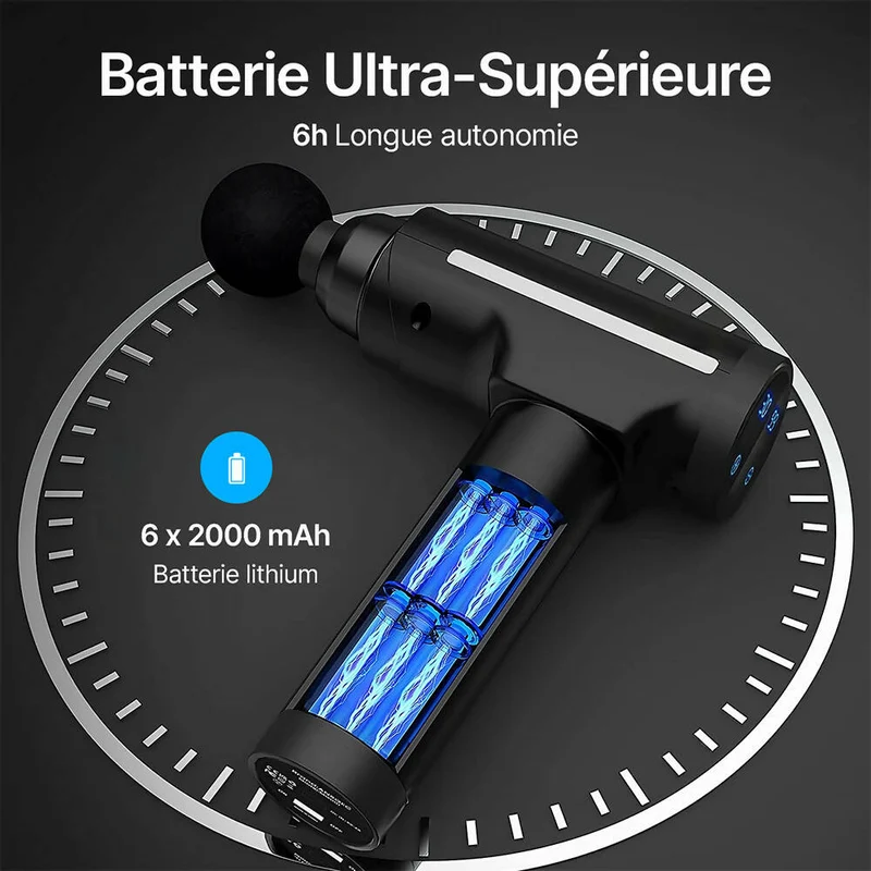 Pistolet de massage à 30 vitesses et 6 Têtes de Massage / Jusqu'à 3200 tr/min / Masseur électrique pour le massage des tissus profonds et des muscles / Cou, épaules, dos
