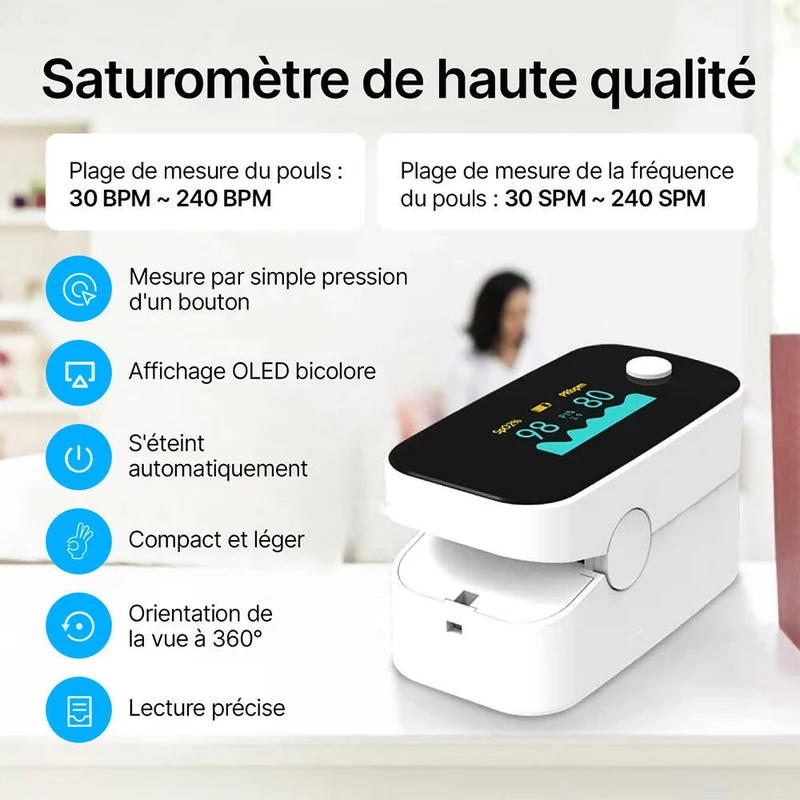 Oxymètre de pouls / Moniteur d'oxygène sanguin / Oxymètre pour doigt / Avec affichage OLED / Professionnel et de haute précision / Idéal pour les familles, les personnes âgées et les hôpitaux