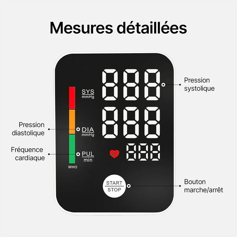 Tensiomètre ultra-précis pour le bras / Mesure précise de la tension artérielle et du pouls / Détection d'arythmie / Avec fonction de mémoire intelligente / Pour usage domestique