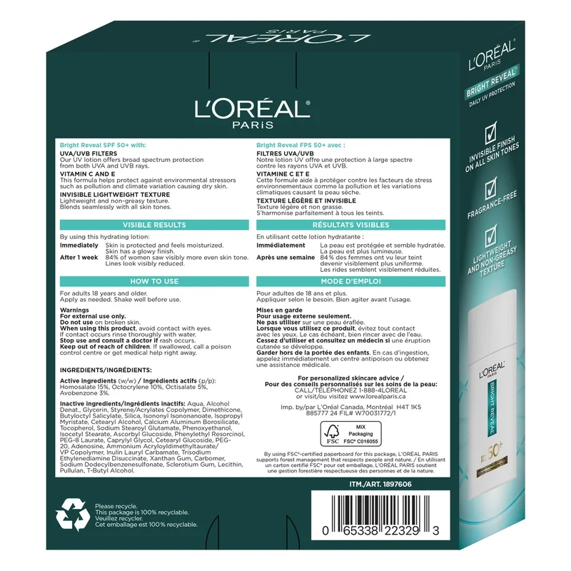L'ORÉAL PARIS - Paquet de 2 Lotions Illuminatrices UV avec SPF 50 Bright Reveal