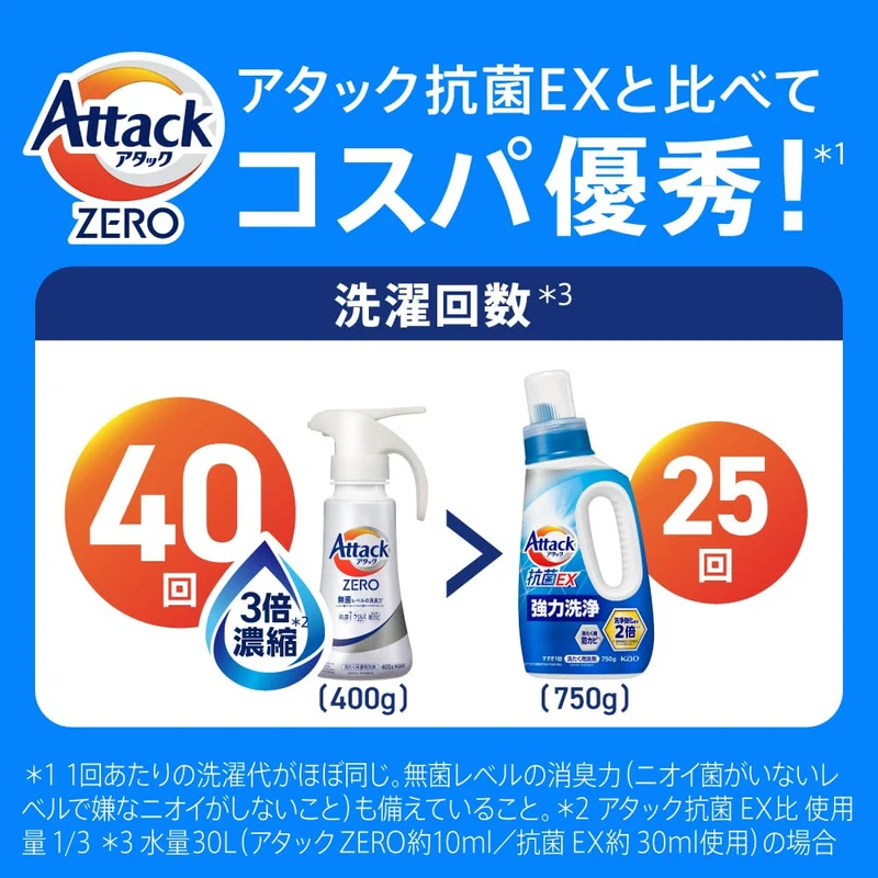 Kao Attack ZERO Liquid Detergent Highest Cleaning Power Odor Removal One-Hand Type
