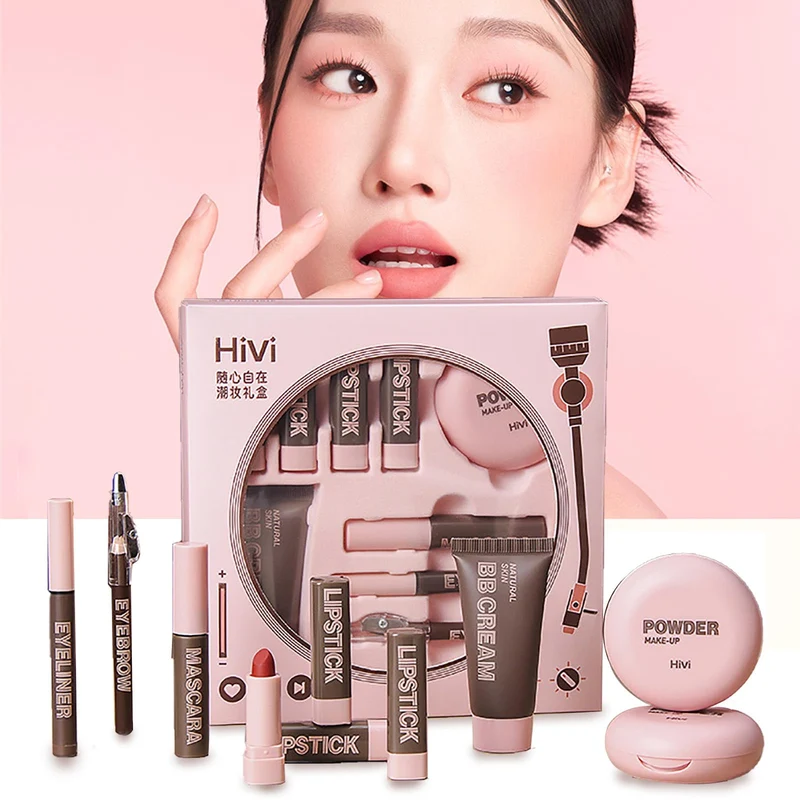 HiVi 9-Piece Makeup Set: Foundation Powder Eyeliner Brow Mascara 4 Lipsticks