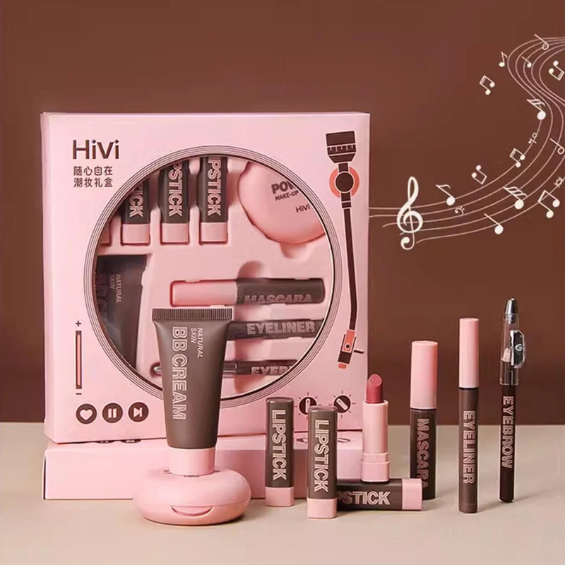 HiVi 9-Piece Makeup Set: Foundation Powder Eyeliner Brow Mascara 4 Lipsticks