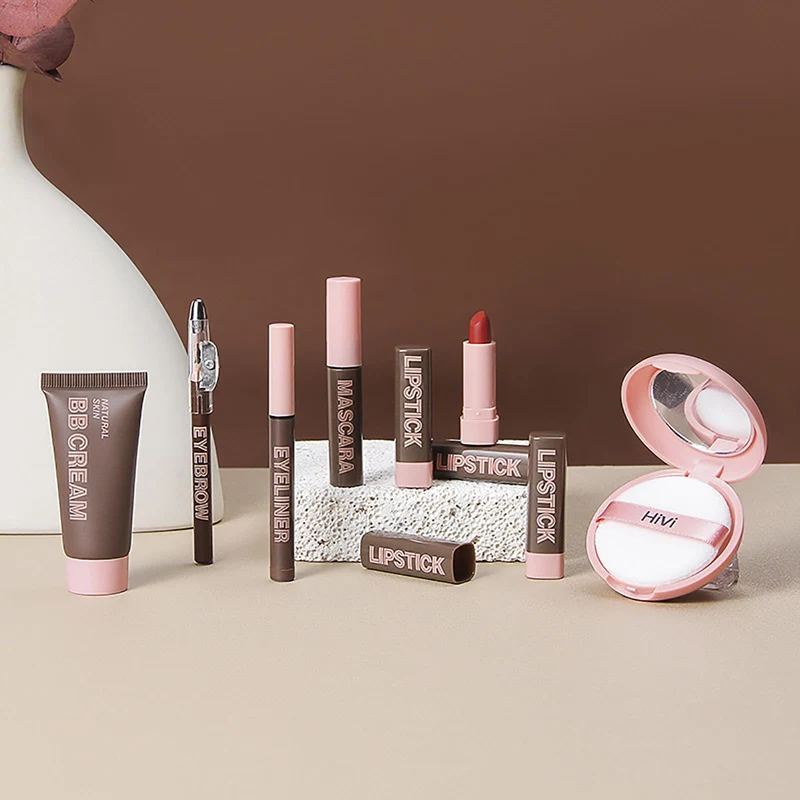 HiVi 9-Piece Makeup Set: Foundation Powder Eyeliner Brow Mascara 4 Lipsticks