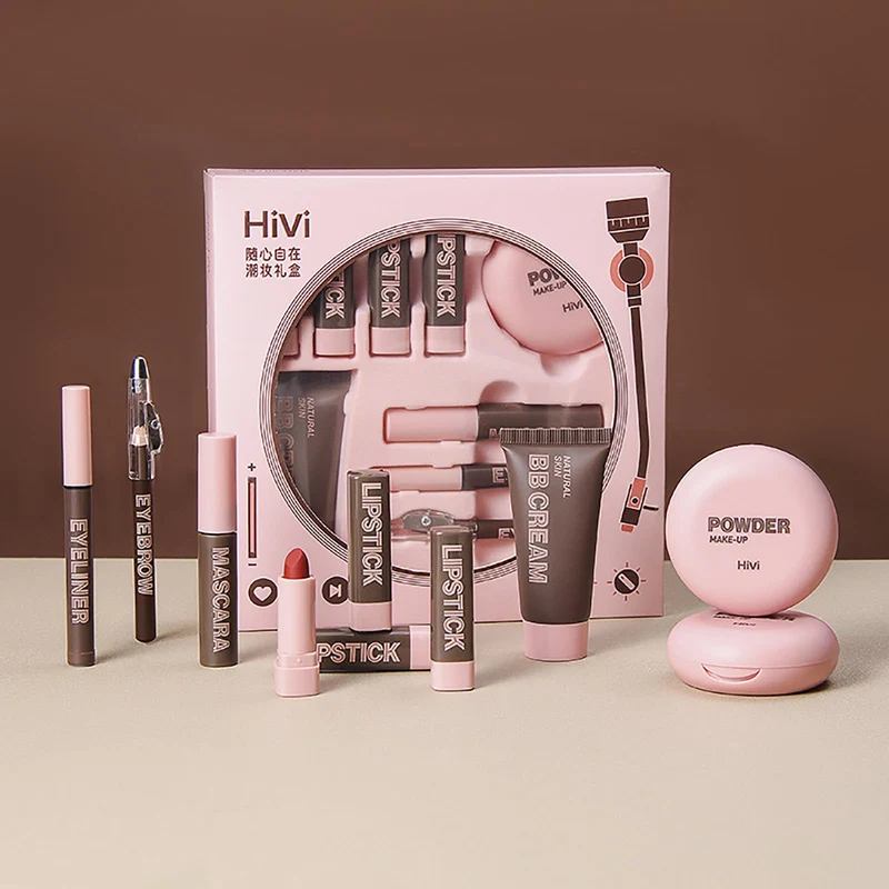 HiVi 9-Piece Makeup Set: Foundation Powder Eyeliner Brow Mascara 4 Lipsticks