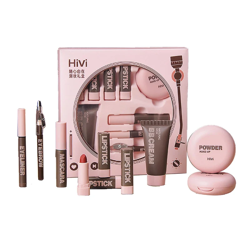 HiVi 9-Piece Makeup Set: Foundation Powder Eyeliner Brow Mascara 4 Lipsticks
