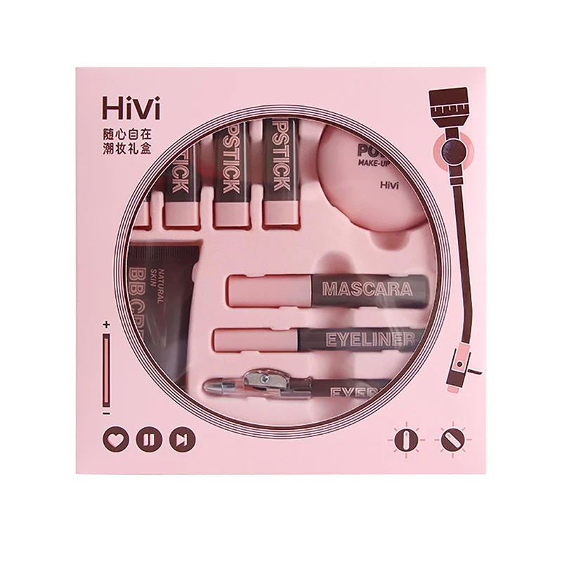 HiVi 9-Piece Makeup Set: Foundation Powder Eyeliner Brow Mascara 4 Lipsticks