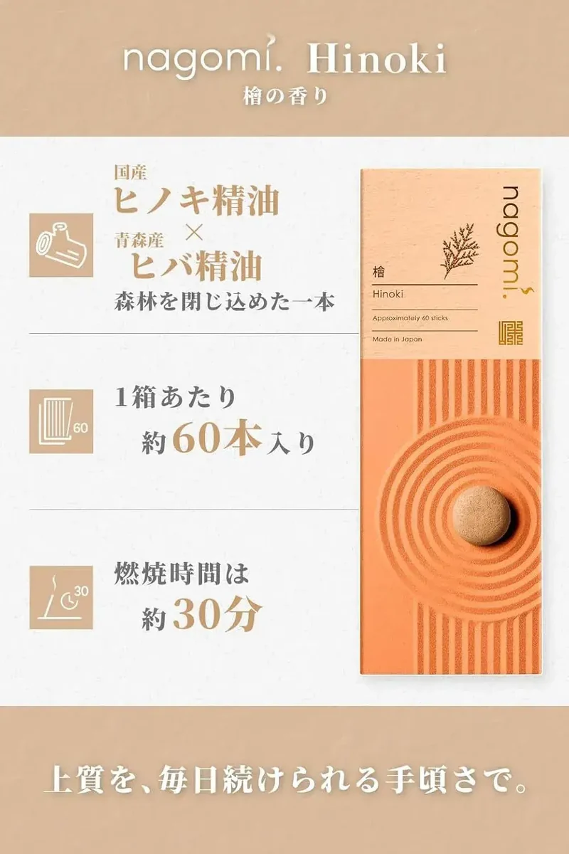 Nagomi Kobo Hinoki Incense Sticks Cypress Sandalwood Aroma 60 Count