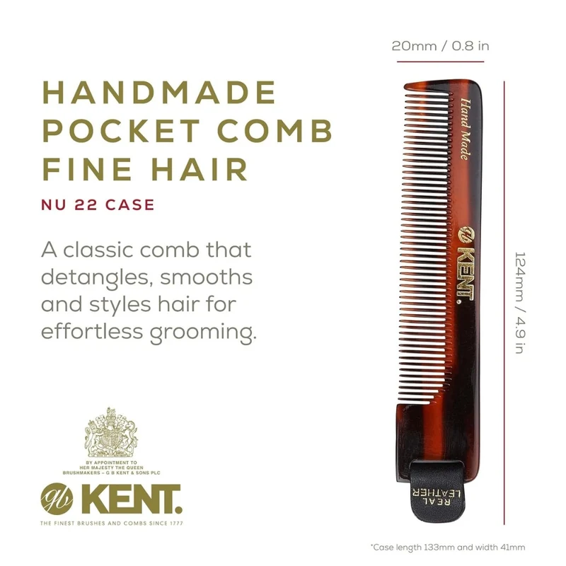 KENT. - Peigne de poche avec étui de cuir - Pour cheveux fins (112mm/4.4") - Nu 22 Case
