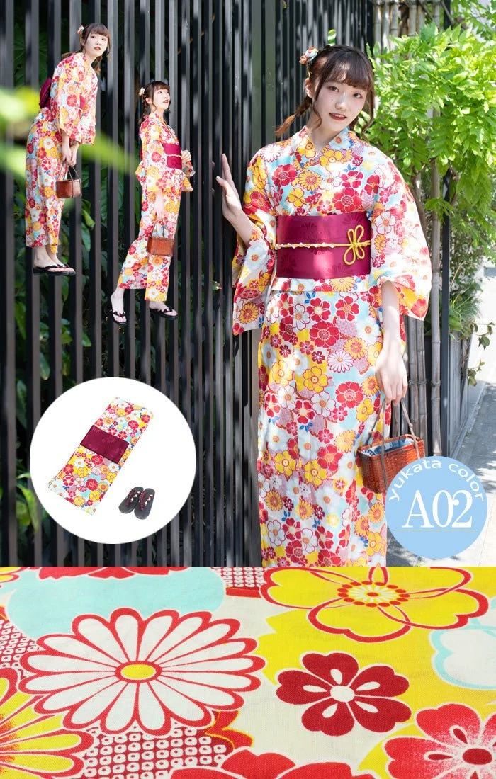 Japanese Women's Traditional YUKATA KIMONO Obi Belt Sandal Set