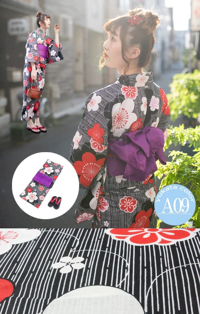 Japanese Women's Traditional YUKATA KIMONO Obi Belt Sandal Set