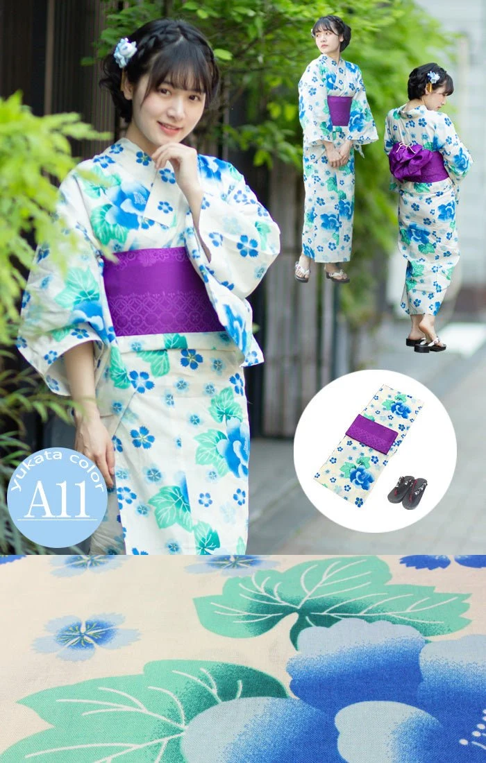 Japanese Women's Traditional YUKATA KIMONO Obi Belt Sandal Set