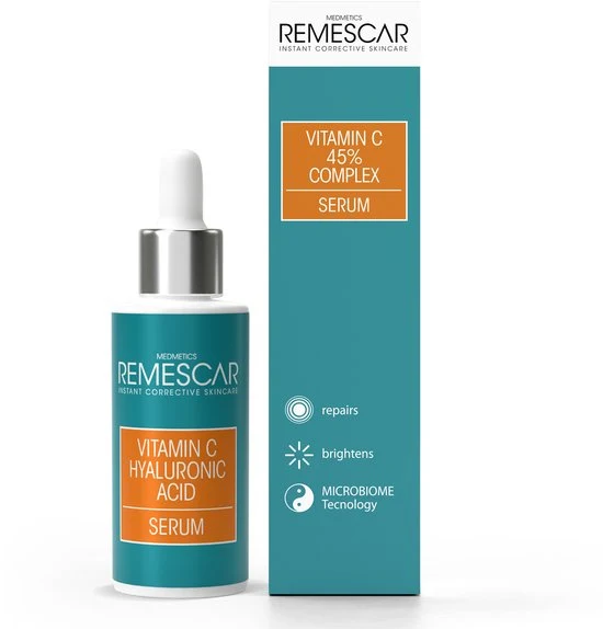 Remescar Vitamine C Serum met Hyaluronzuur, 45% Complex - Herstellende en hydraterende serum, Gezichtsverzorging collageen serum voor een stralende huid, met Microbiome Technologie, 30 ml