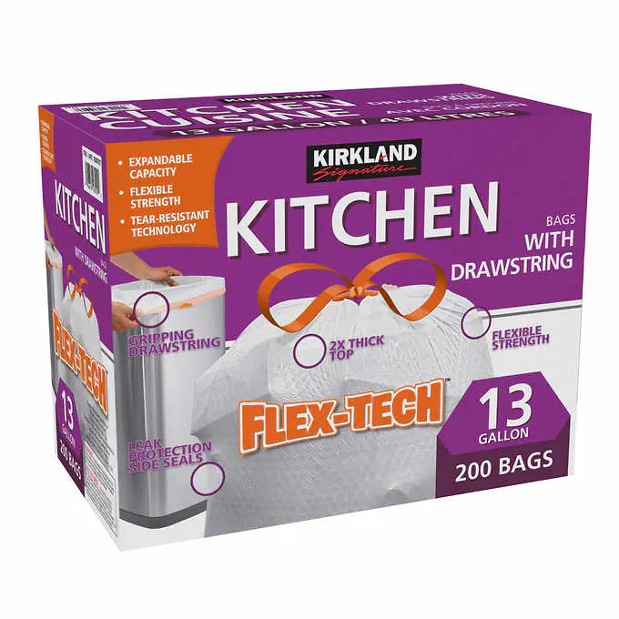 KIRKLAND SIGNATURE - 200 Sacs à Ordures avec Cordon de 49 Litres pour Cuisine