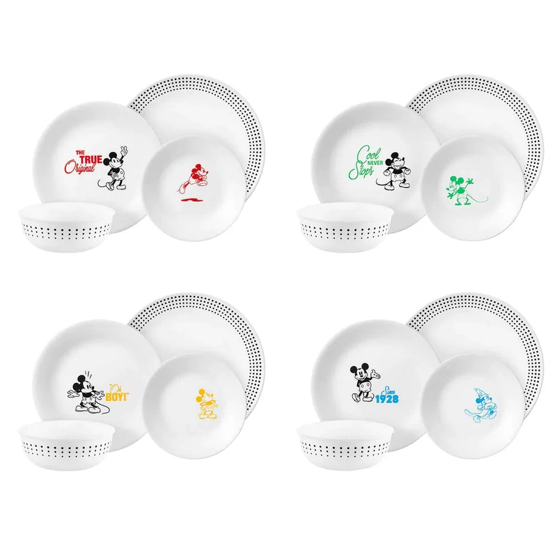 CORELLE x DISNEY - Service de Vaisselle de 16 Pièces Mickey & Amis