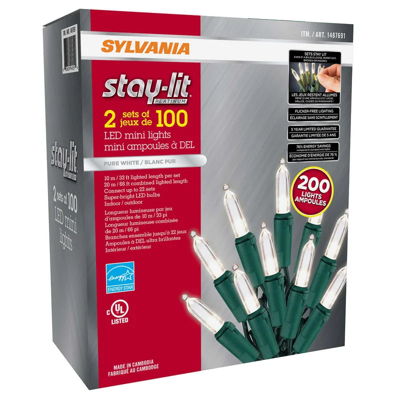 SYLVANIA - Ensemble de 2 Guirlandes de 100 Lumières de Noël DEL Blanc Pur