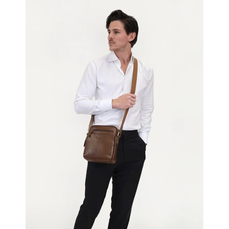 Pierre Cardin Men's Leather Compact Shoulder Crossbody Bag 22x25cm Oak