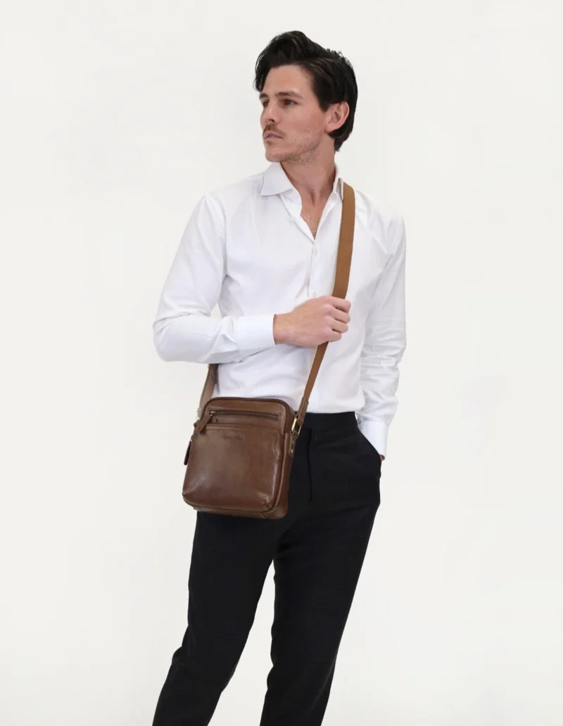 Pierre Cardin Men's Leather Compact Shoulder Crossbody Bag 22x25cm Oak