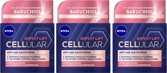 NIVEA CELLular Expert Lift Anti-Age Nachtcrème Met Bakuchiol en Hyaluronzuur - 3 x 50 ml