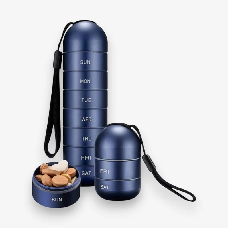 PillMate – Boîte de voyage pour pilules avec organiseur hebdomadaire et sangle