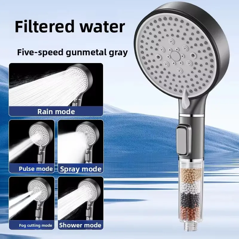 Pommeau de douche haute pression 5 modes avec arrêt — filtre billes minérales anti-chlore