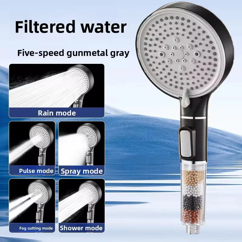 Pommeau de douche haute pression 5 modes avec arrêt — filtre billes minérales anti-chlore