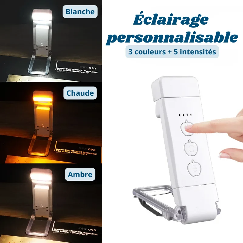 Mini Lampe à Clip de Lecture Portable - 3 Lumières + 5 Intensités