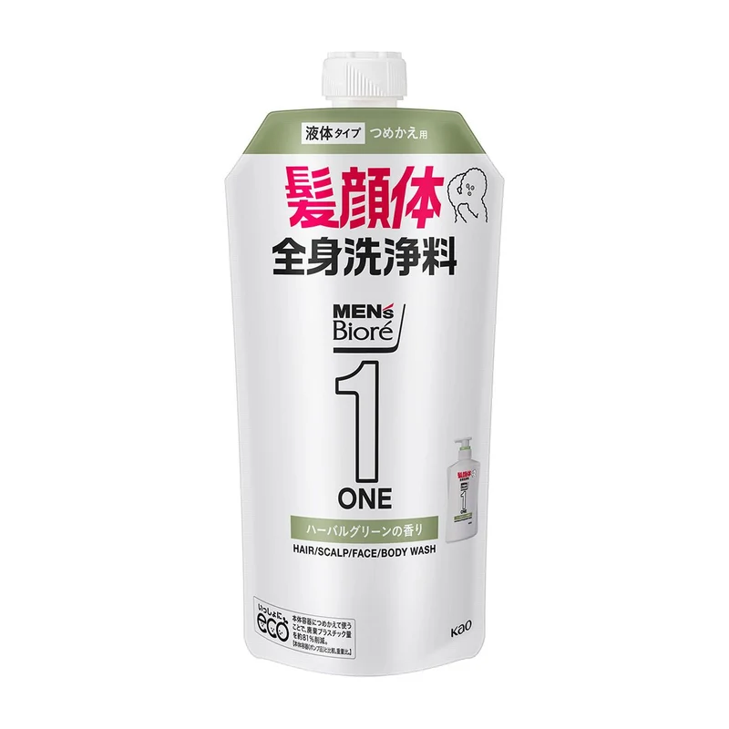 Mens Biore ONE All in One Body Wash Herbal Green Scent Refill 340ml