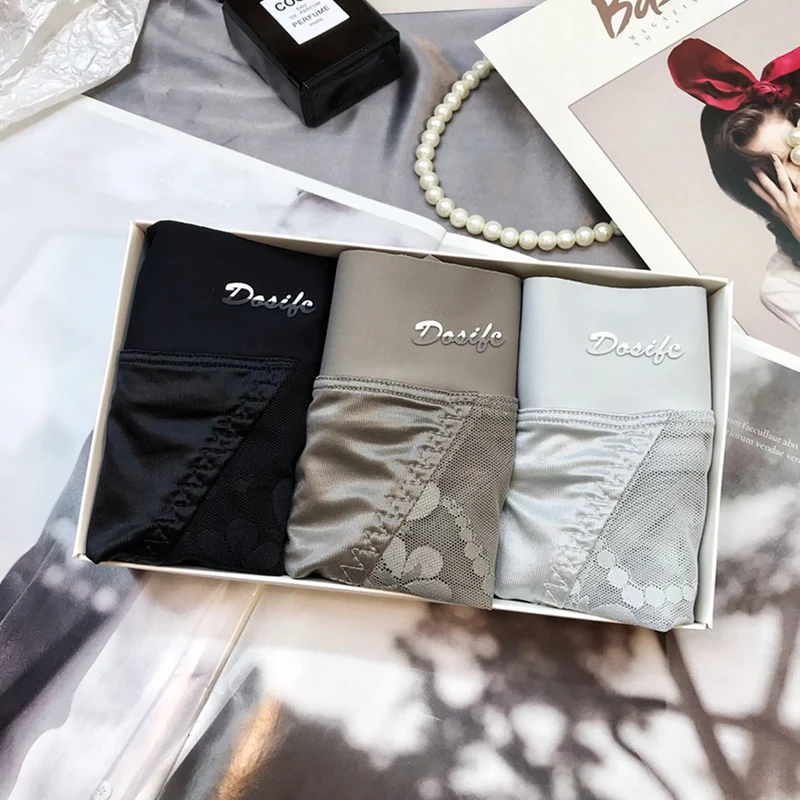 Lot de 3 Culottes Sexy en Soie Glacée et Dentelle Florale