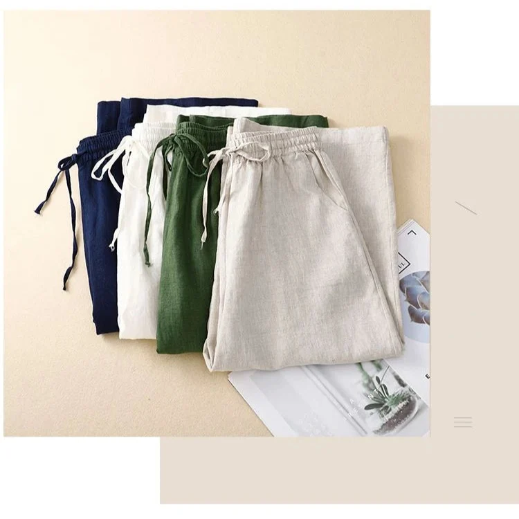 Pantalon Rétro en Coton & Lin Ample Femme - Mi-Saison