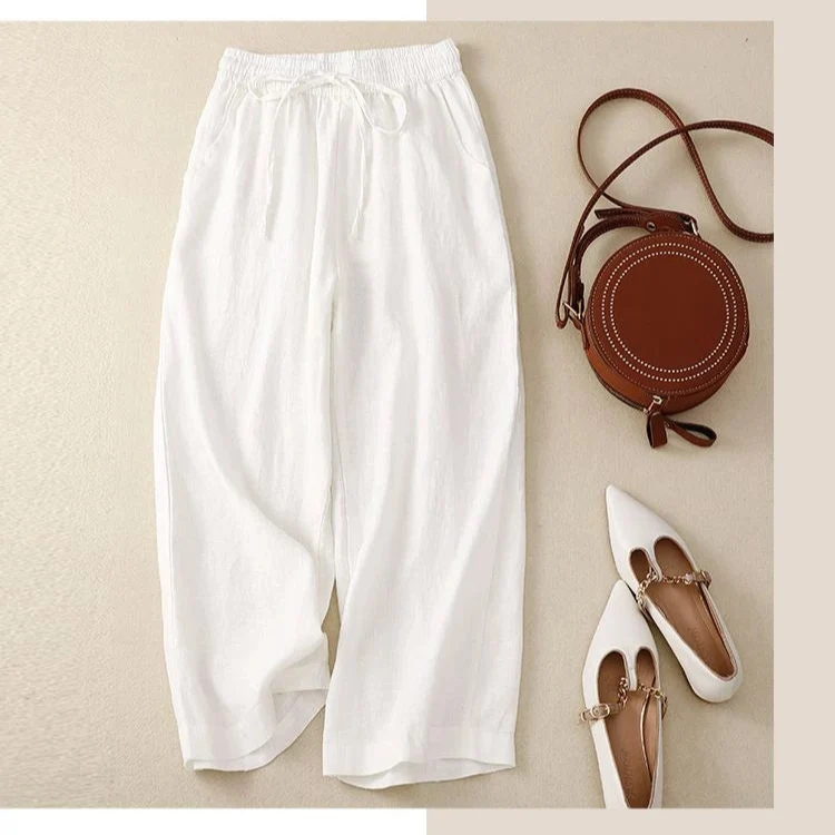 Pantalon Rétro en Coton & Lin Ample Femme - Mi-Saison