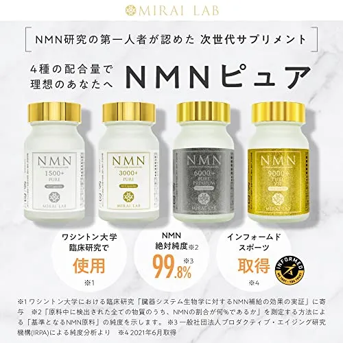 MIRAI LAB NMN Supplement 9000 mg (150 mg per capsule/60 capsules) Made in Japan High purity 99% or more Adopted for clinical research at the University of Washington Special capsule that delivers purity intact to the intestines