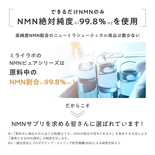 MIRAI LAB NMN Supplement 9000 mg (150 mg per capsule/60 capsules) Made in Japan High purity 99% or more Adopted for clinical research at the University of Washington Special capsule that delivers purity intact to the intestines