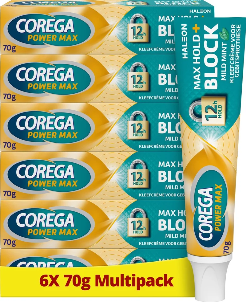 Corega Max Hold + Block Mild Mint kleefcrème voor de gebitsprothese 6 x 70 g