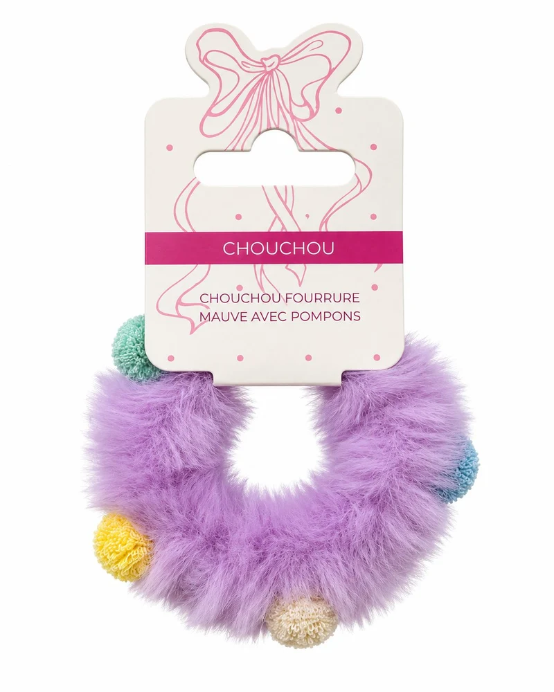 Chouchou en fourrure mauve avec pompons