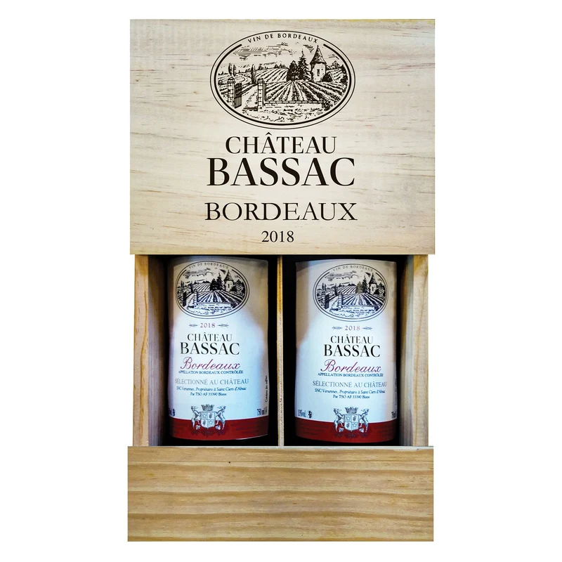 COFFRET BOIS 2 BOUTEILLES CHATEAU BASSAC BORDEAUX ROUGE